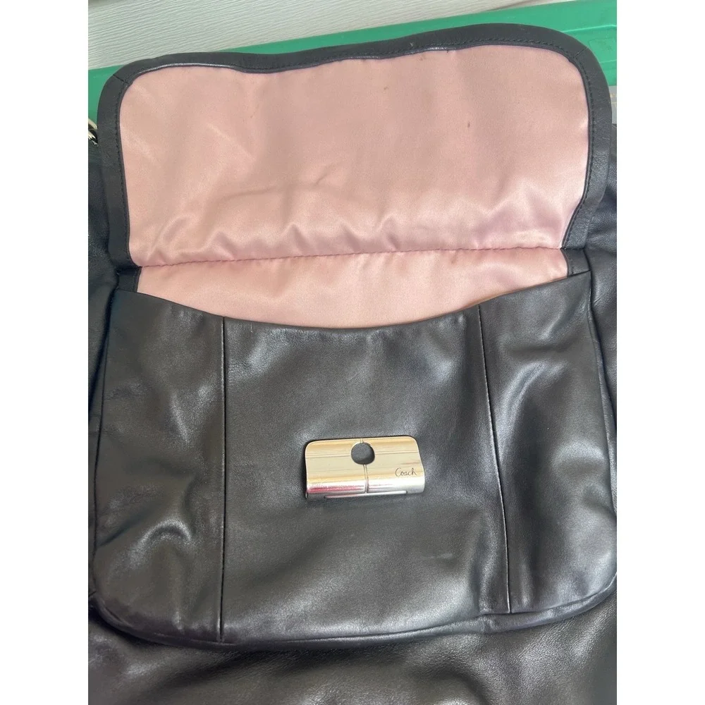 Coach F22309 Kristin Black Leather Pink Satin Liner Hobo Shoulder‎ Bag Flip Lock